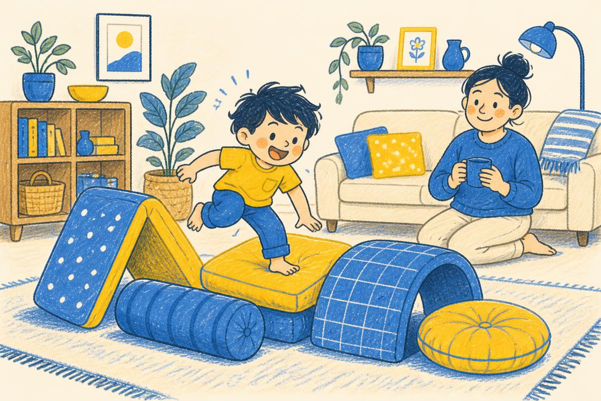 A child playing on a cushion obstacle course while a parent watches with a coffee